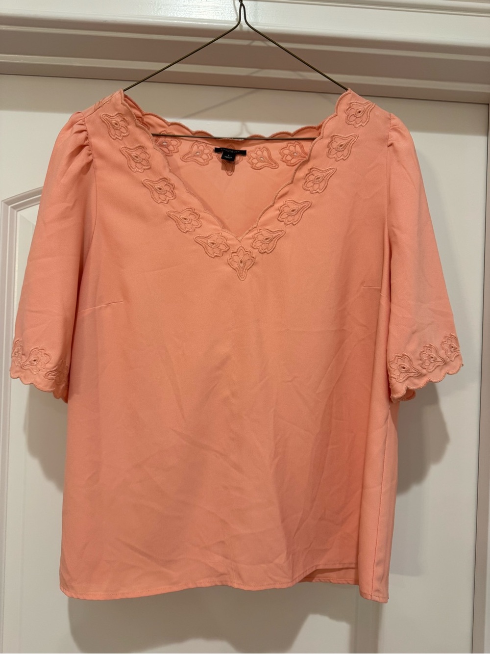 Ann Taylor Peach Scalloped Embroidered V-Neck Blouse